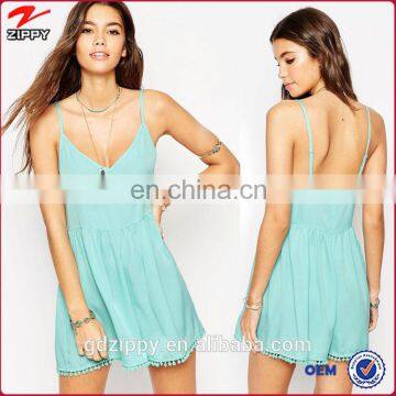 Adjustable Straps Pom Pom Trim Beach Women Wholesale Playsuit Blue