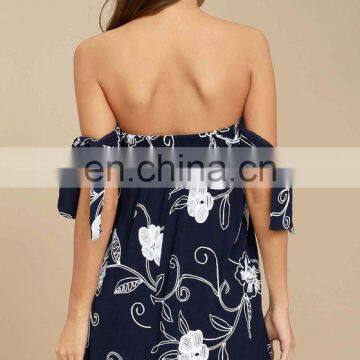 Navy Blue Embroidered off the Shoulder Beautiful Lady One-piece Dress photo-4