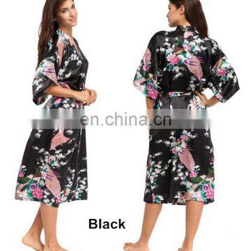 Women's Peacock Print Half Sleeve Silk Kimono Bridesmaid Long Robe Nightgown photo-6