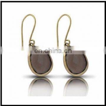 Gold Jeweled Brown Oval Stone Dangle Drop Gem Studs Hook Earrings