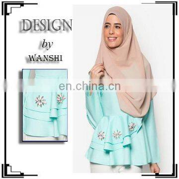 Latest fashion baju kurung peplum top long sleeve bead zipper muslim blouse