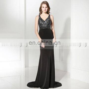 Custom Made V Neck Sleeveless Criss-Cross Back Mermaid Black Formal Evening Dresses LX365