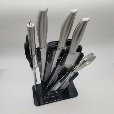 Boxed packed 7pcs silver cooking knife set with stand and sharpener,kitchen knife set with Acrylic block and sharpener