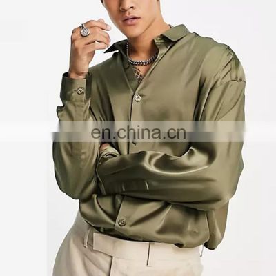 Men Designs Casual Shirts Covered Button  Plus Size Summer green satin shirt for men