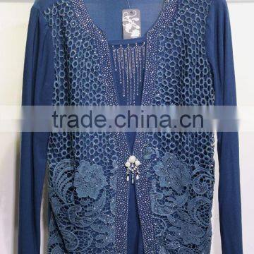 Women's long sleeve viscosa blouse pull over round neckline shining front fly with Pearl-clasped