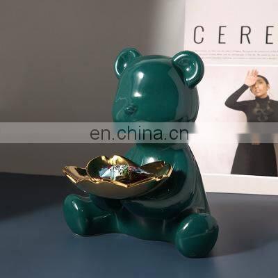 Living Room Animal Art Cute Gift Cartoon Storage Gold Tray Pink Green Handmade Ceramic Bear Sculpture Decoration