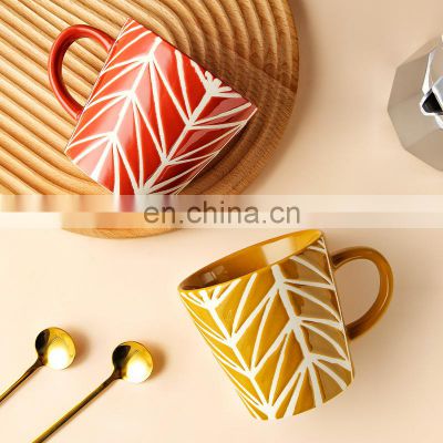 Wholesale Drinkware Set 14 Oz Dessert Cup Tazas De Navidad Handmade Leaf Tazas Ceramic Mugs For Couple Gift