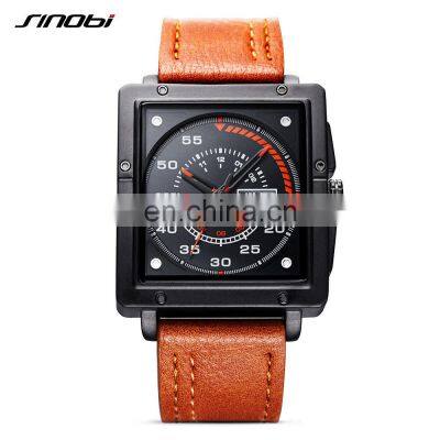 SINOBI Square Men's Watch Charming Leather Band Hollow Out Pointer Double Calendar Date Day  Cool Model  S9761G Jam Tangan Pria