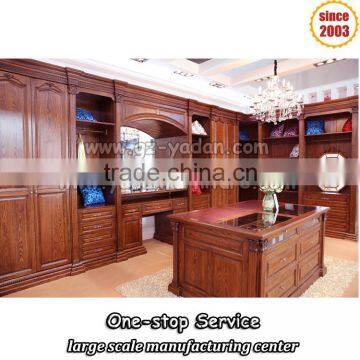L shape Oak wooden walk in wardrobe with dressing table villa furniture