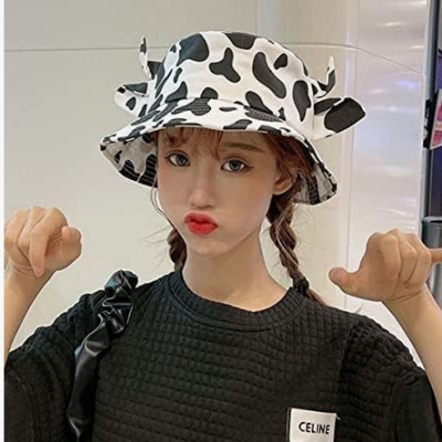 Cow Bucket Hat with Cute Horn Ears Cow Print Summer Fisherman's Hats Print Sun Cap for Women with Uv Protection