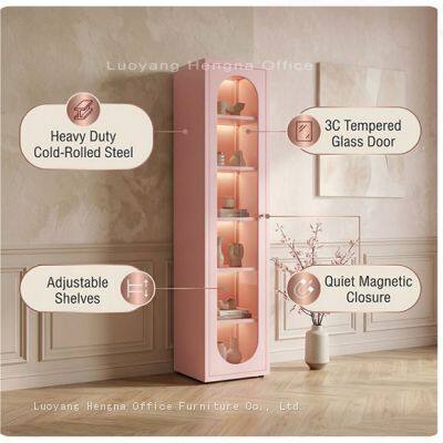 Розовый стальной книжный шкаф для проекта интерьерного дизайна, высота 78,7 дюйма, индивидуальная розовая отделка, стеклянные дверцы с флюидом - спецификация мебели для гостиничных спален