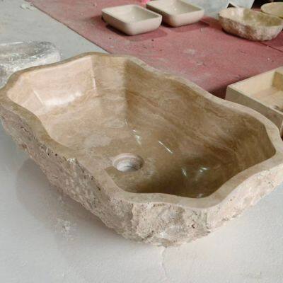 Hot Sale Contemporary Style Travertine Vessel Marble Sink Stone Vanity Wash Basin for Bathroom Villa Custom Design and Dimension