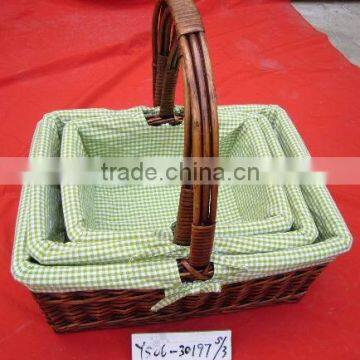 brown rectangular willow basket with handle&lining