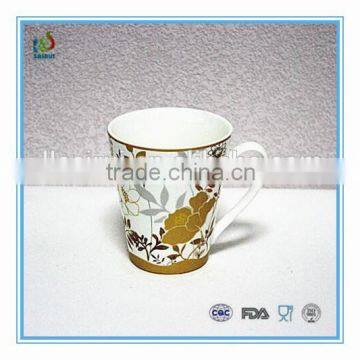 Wholesale 11oz V-shape flower printed ceramic coffee mug with decal