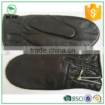 Warm Winter Ladies Leather Mittens Black Sheepskin Mitten Gloves with Zipper and Fold on the Wrist