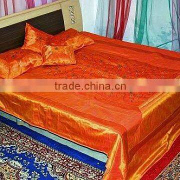 Embroidred Indian silk Bedcover set, Silk Bedspreads Throw King Coverlet 5 pcs set