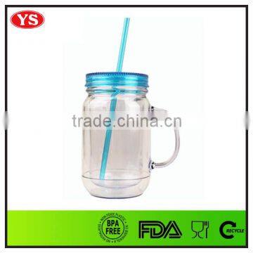 20oz Insulated Double Wall Plastic Drinking Mason Jars With Handle