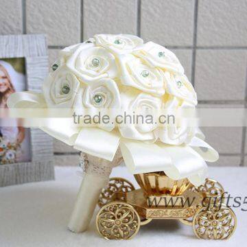 White Handmade Satin Rose Wedding Bouquet With Crystal photo-3