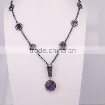 Natural Amethyst Gem stone Necklace, Hematite Beaded Druzy Necklace