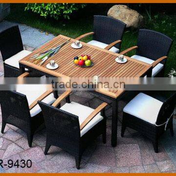 Wood Dining Table 6 Chairs Set Poly Rattan Material