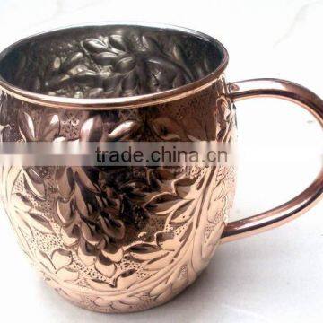 NICELY EMBOSSED 100% PURE COPPER BARREL MOSCOW MULE MUG NICKEL LINED photo-2