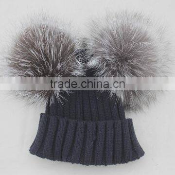 Myfur Female Warm Genuine Fur Bobble Beanie Real Fur Pom Pom Fox Knitted Beanie Hat Warm Winter Cap