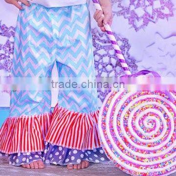 2014 new design kid girls chevron printed ruffle pants wholesale girl candy petti pants with stripe&polka dot kid capris pants