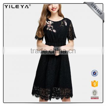 Women casual crochet black elegant floral and lace dress designs,ladies new model dress & ladies fashion lace patchwork dresses