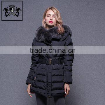 New Collection Outerwear Winter Black Waisted Shape Coat Fur Down Jacket with Fox Fur Hood