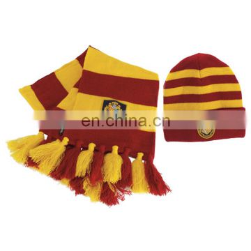 Yellow red acrylic knitted beanie hats scarf set with embroidery patch