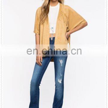 OEM High Quality Oversized Half Sleeves Fringe Faux Suede Jacket photo-5
