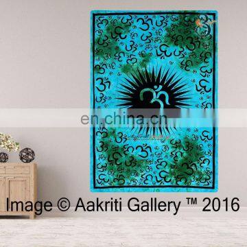 Indian Tapestry Om Print Turquoise Color Throw Single Beach 100% Cotton Cheap Indian Tapestry