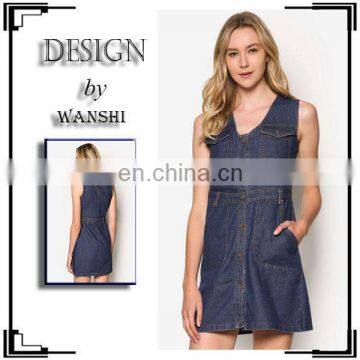 High quality fashion dress for women V neckline Two chest pockets design denim dress