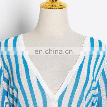 TWOTWINSTYLE Korean Striped Knitted Women Sweater V Neck Long Sleeve Tunic Slim Hit Color photo-5