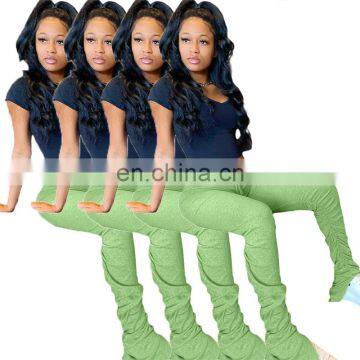 2020 Elastic Summer Stacked Leggings High Waist Sweatpants Women Joggers Bell Bottom Trouser Split Hem Flare Ruched Pant photo-7