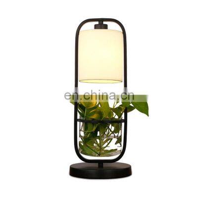 Tonghua Nordic Fabric Lamp Shade Black Iron Frame Glass Container for Green Plant Home Decorative Table Lamp