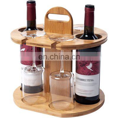 Bamboo Wine Storage Set Holds 2 Bottles and 4 Glasses Lightweight and Portable Wine Bottle Holder and Glass Hanger Drying Rack