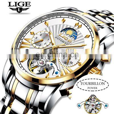 Lige 9968 Stainless Steel Mens Mechanical Watches Automatic Tourbillon Stainless Steel Luxury Wrist Watch Men