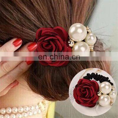 Women Fashion Style Big Rose Flower Pearl Rhinestone Hair Bands Elastic Hair Rope Ring Hair Accessories