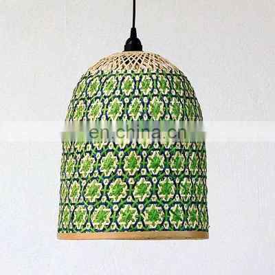 Green & Turquoise Wicker Basket Light,Boho Bamboo Lighting Lampshade