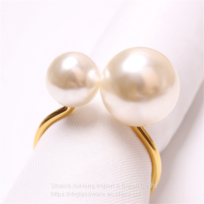 Wholesale Hotel Wedding Table Decoration Metal Alloy White Pearl With Gold Napkin Ring