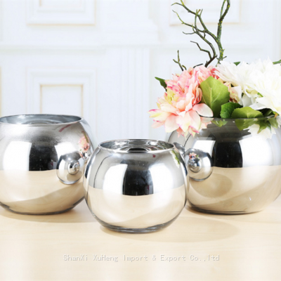 Bowl Shape Round Glass Flower Planter Wedding Event Decoration Metal Electroplated Silver Flower Vases