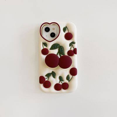 Fashion Cute 3D Cherry Bracket Soft Silicone Phone Case for IPhone 13 12 11 14 15 Pro Max on IPhone 14Pro 15Pro Back Cover photo-3