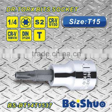 High Quality 1/4"Dr. S2 material T15 Torx Bit Socket Hand tool Screwdriver wrench bit