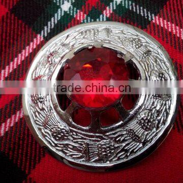 Scottish Piper Plaid Brooch With Red Stone In Chrome Finished Made Of Brass Material