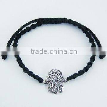 Ornate Silver Hamsa Twisted Waxed Cotton Bracelet