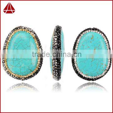 Natural tibetan turquoise beads with rhine stone cz paved on edged, green natural turquoise jewelry