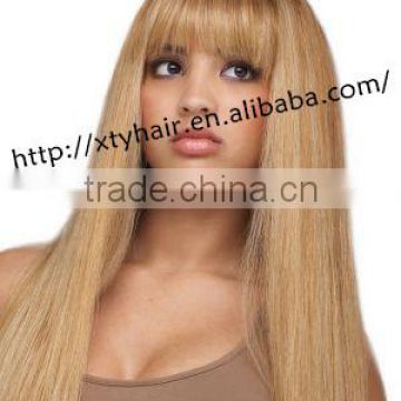 buying from china 100% brazilian remy human hair wig with bang (fringe) women gold color real hair long wig with fringe