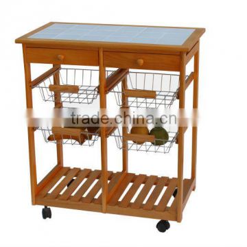 Multifunctional wooden buffet car,3 tier stainless steel basket moveable hotel supplies