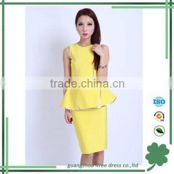 One piece ruffle design yellow office ladies formal dress